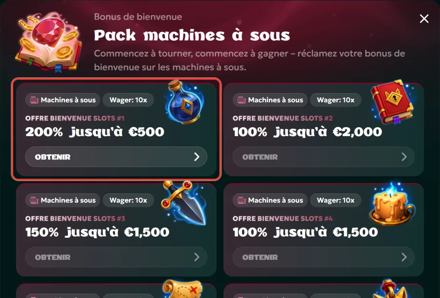 Première offre du pack machines à sous avec le bouton Obtenir