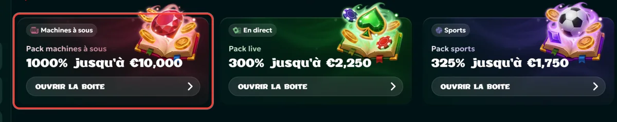 Carte du pack machines à sous encadrée sur la page Promotions