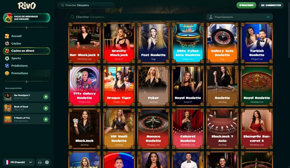 Tables de roulette et de blackjack avec croupiers en direct