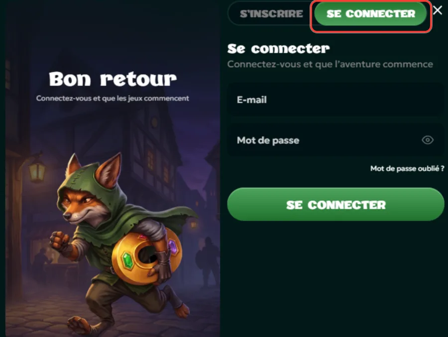 Onglet Se connecter encadré dans la fenêtre d'accès au compte