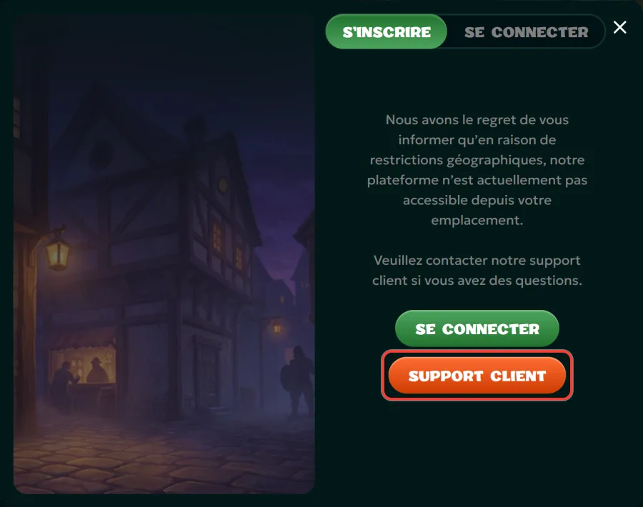Message de restriction géographique avec le bouton Support client