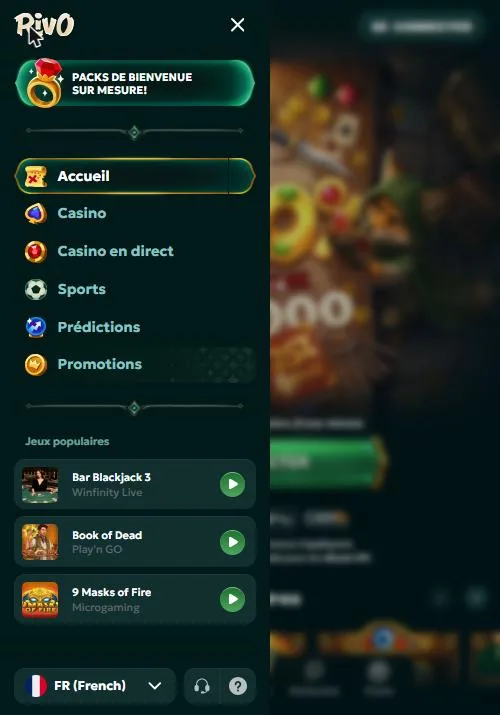 Menu latéral ouvert sur mobile avec Casino, Sports et Promotions
