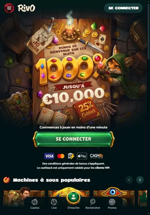 Page d'accueil de Rivo sur smartphone avec le bonus de bienvenue