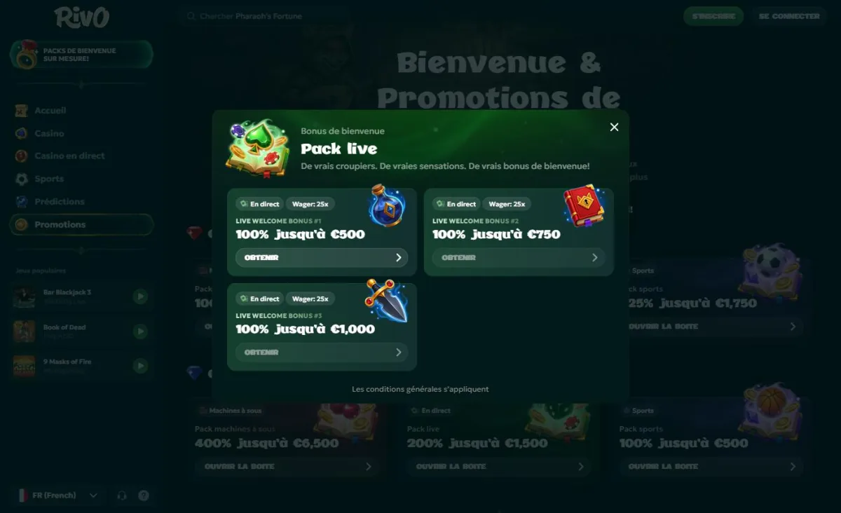 Les trois offres du pack de bienvenue live avec wager x25