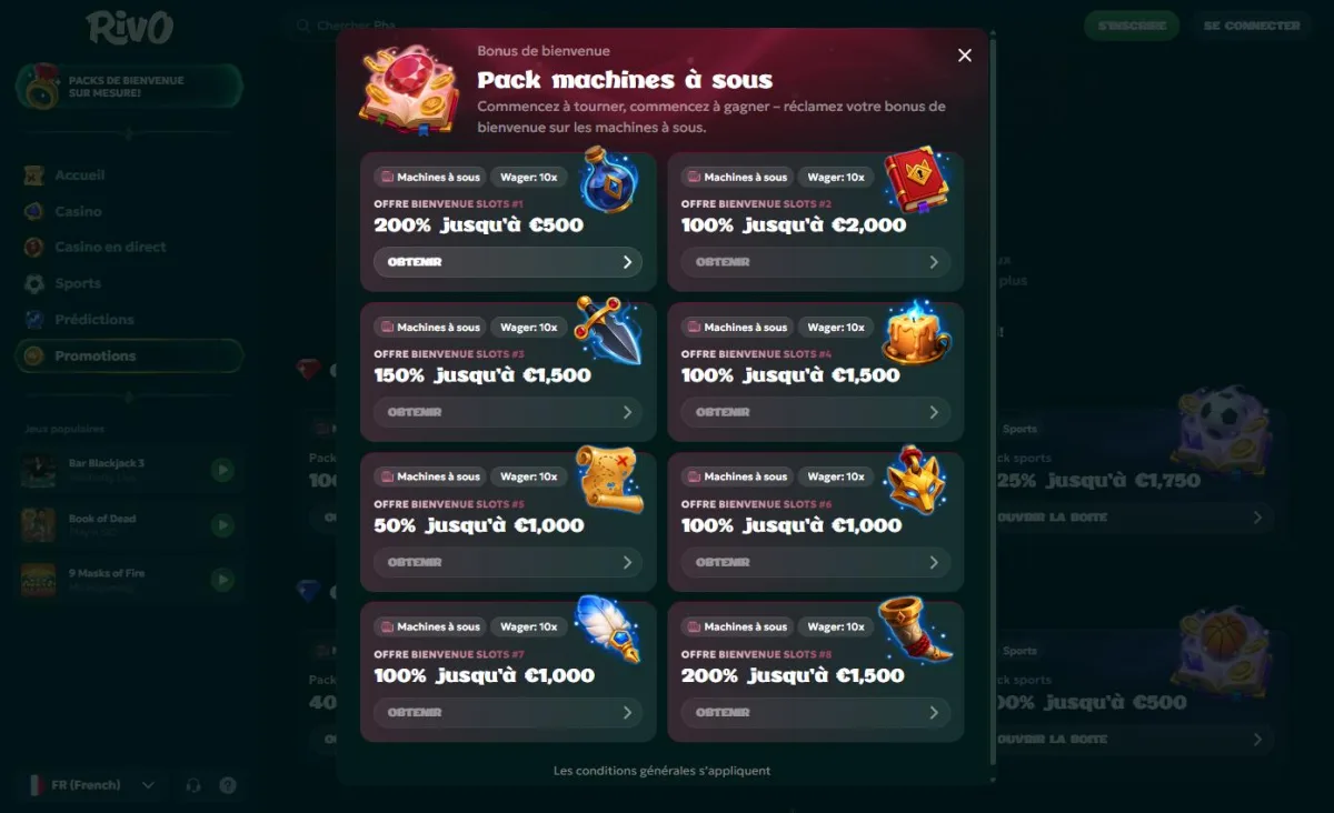 Les huit offres du pack de bienvenue machines à sous