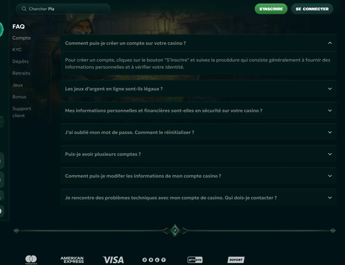 Page FAQ avec les rubriques Compte, KYC, Dépôts, Retraits et Bonus