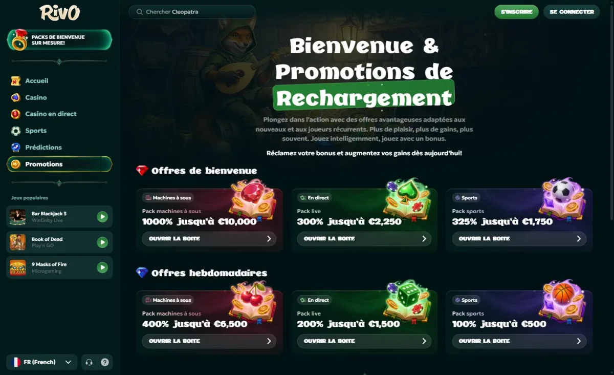 Page Promotions avec les offres de bienvenue et hebdomadaires