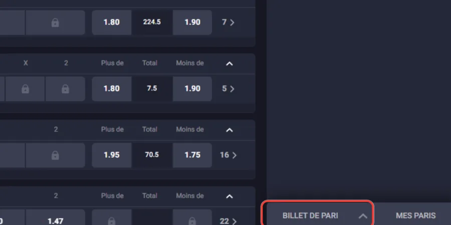 Onglet Billet de pari encadré en bas du sportsbook