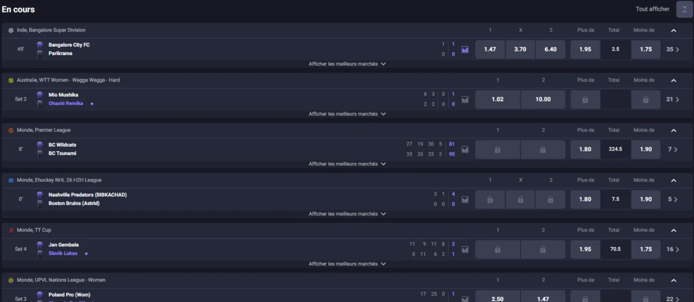 Liste des matchs En cours avec cotes 1X2 et totaux