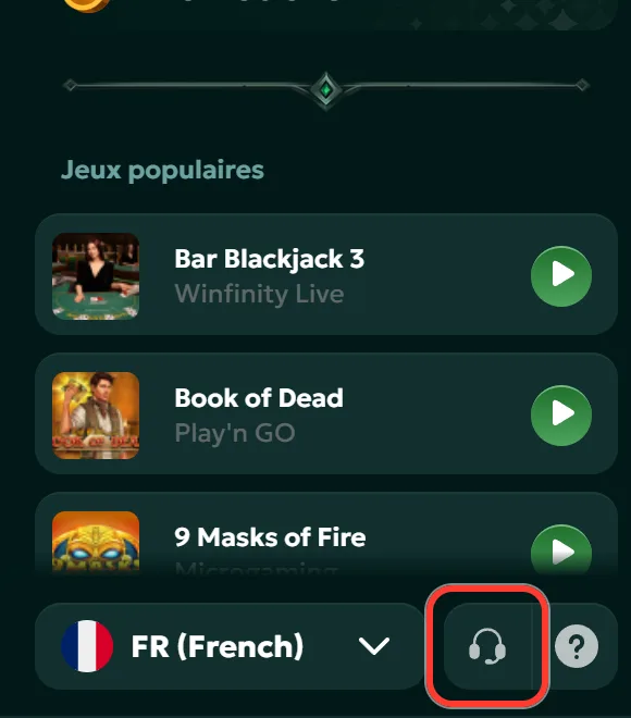 Icône casque du support encadrée en bas du menu latéral