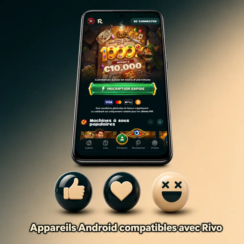 Liste des smartphones Android compatibles avec l'application Rivo, dont Samsung Galaxy S23, Xiaomi Redmi Note 13 et Google Pixel 8