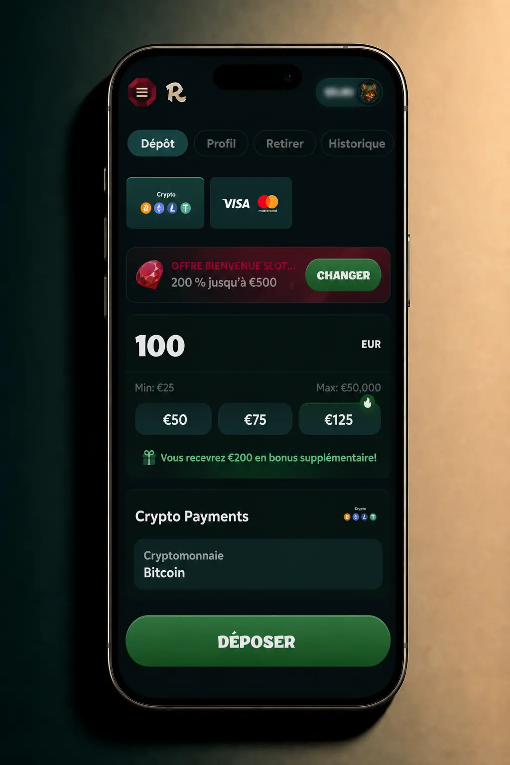 Dépôt via l'application Rivo en France : sélection de la méthode de paiement sur smartphone