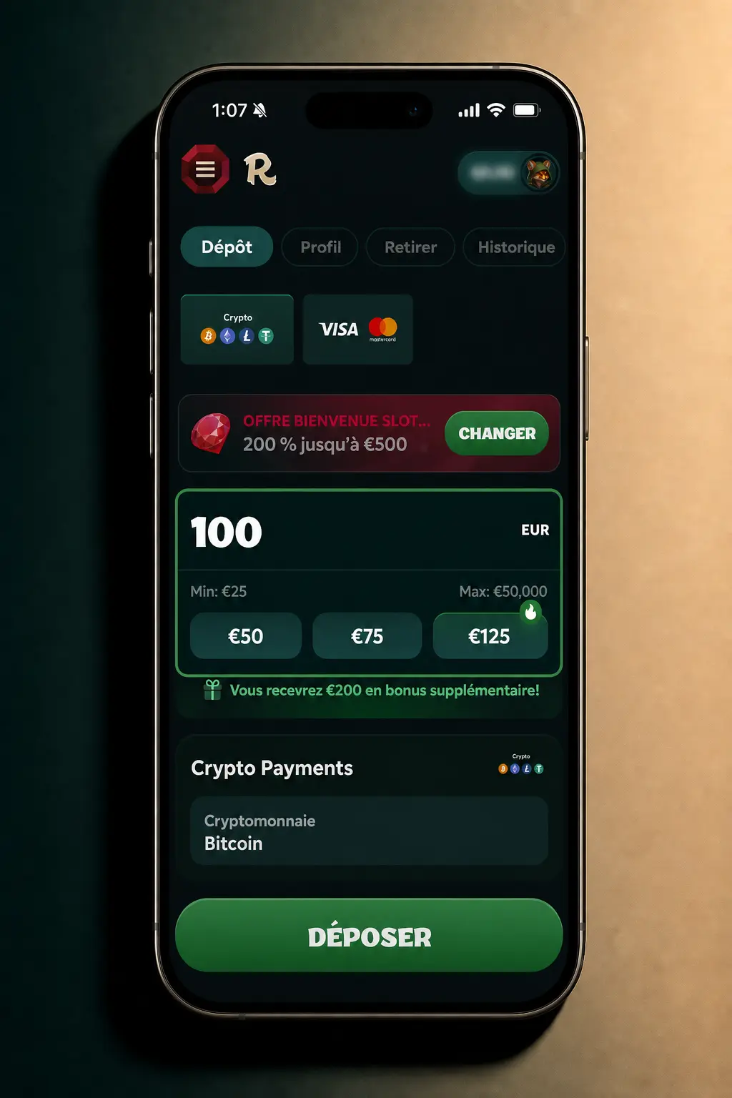 Capture d'écran de l'application Rivo montrant les étapes pour déposer des fonds via smartphone en France