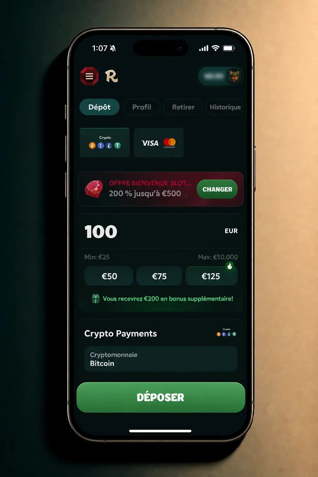 Capture d'écran de l'application Rivo pour déposer des fonds en France via carte ou crypto-monnaie