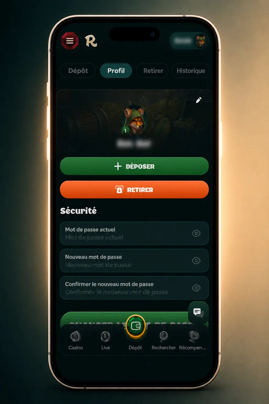 Capture d'écran de l'application Rivo montrant l'étape de retrait d'argent via Bitcoin, Mastercard ou Tether