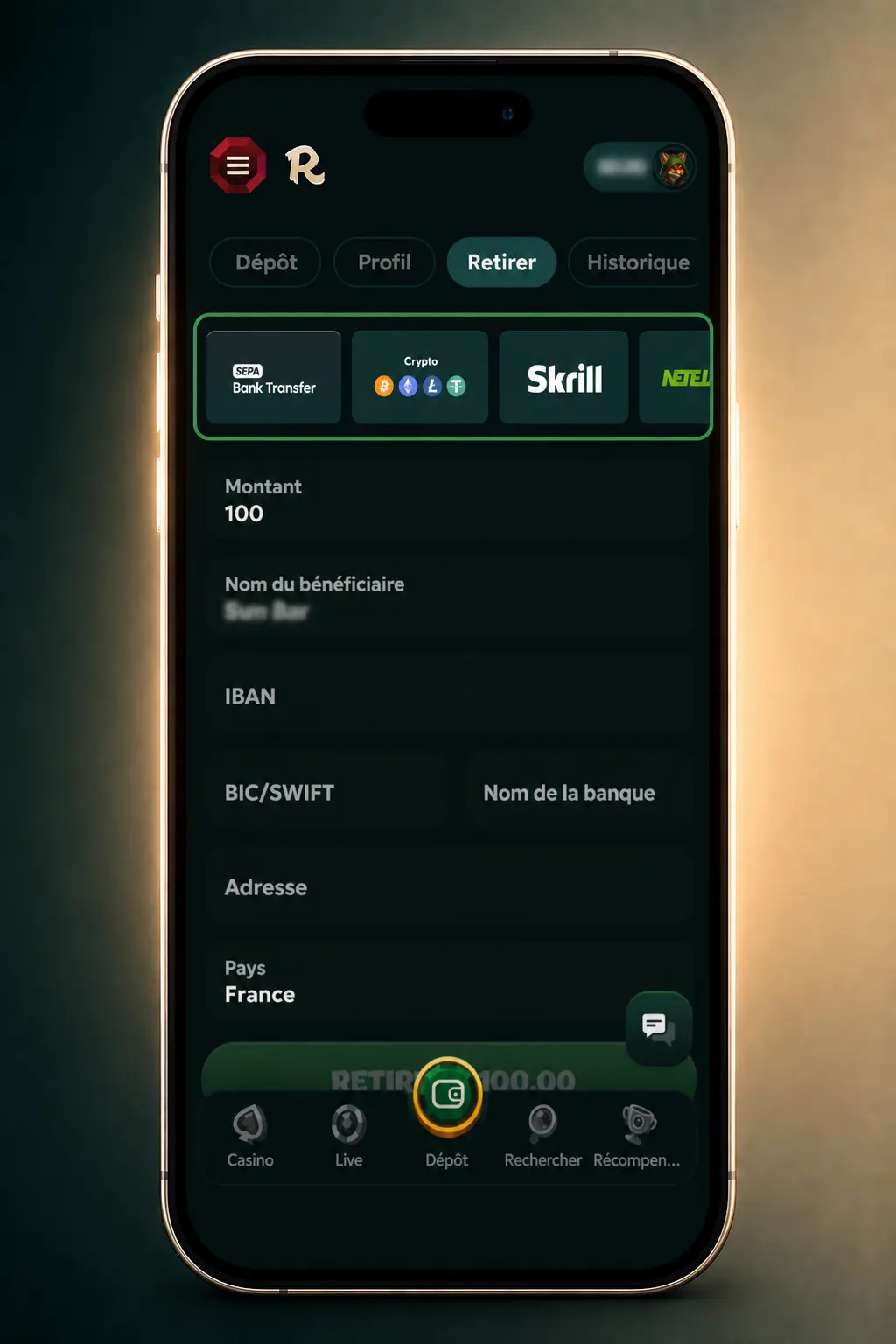Capture d'écran de l'application Rivo montrant l'étape de retrait d'argent vers Bitcoin, Mastercard ou Tether