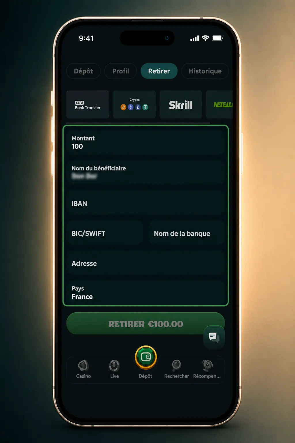 Capture d'écran de l'application Rivo montrant l'étape de retrait d'argent avec choix de méthode et montant.
