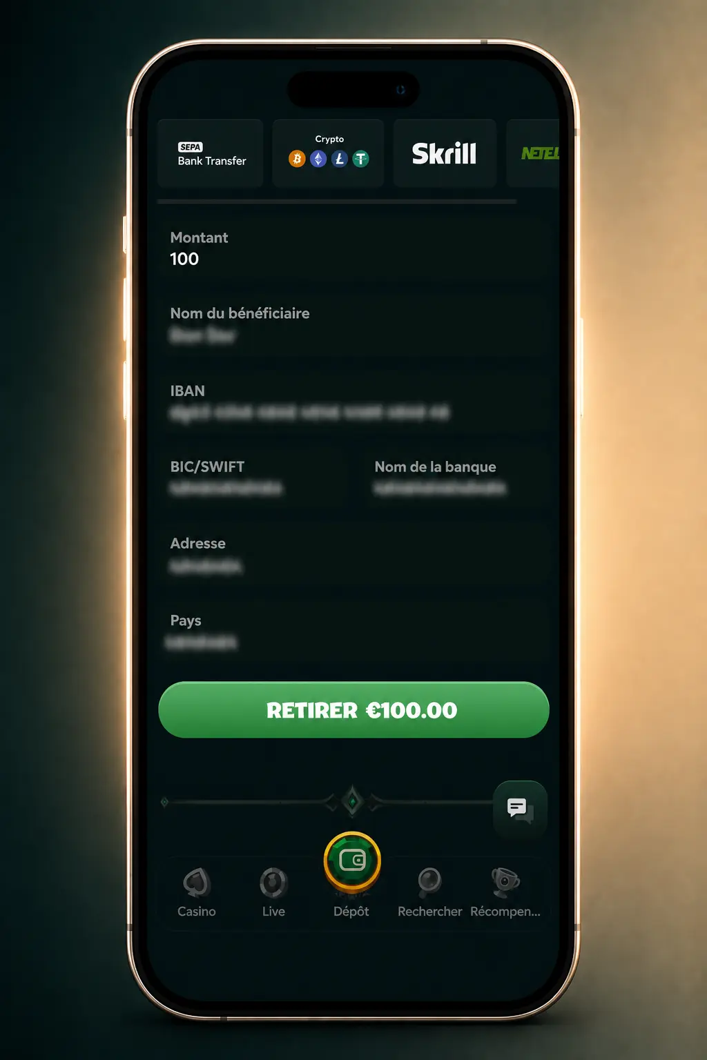 Capture d'écran de l'application Rivo montrant l'étape de retrait d'argent via Bitcoin, Mastercard ou Tether