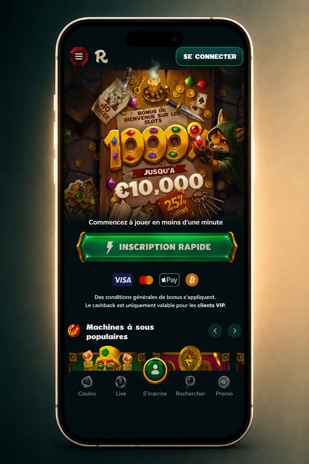 Capture d'écran de l'application Rivo montrant l'étape de retrait d'argent via Bitcoin, Mastercard ou Tether
