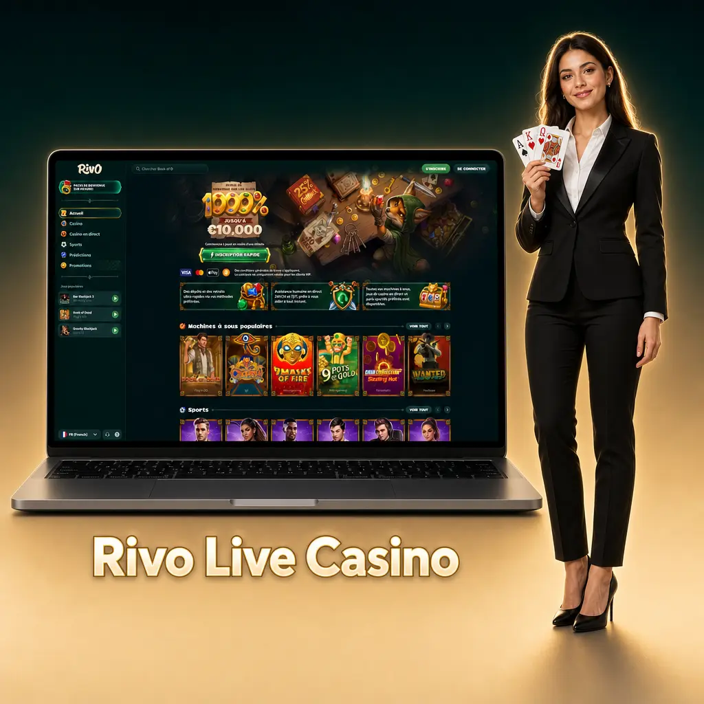Casino en direct Rivo avec croupier professionnel, chat en temps reel, roulette, blackjack, baccarat et game shows